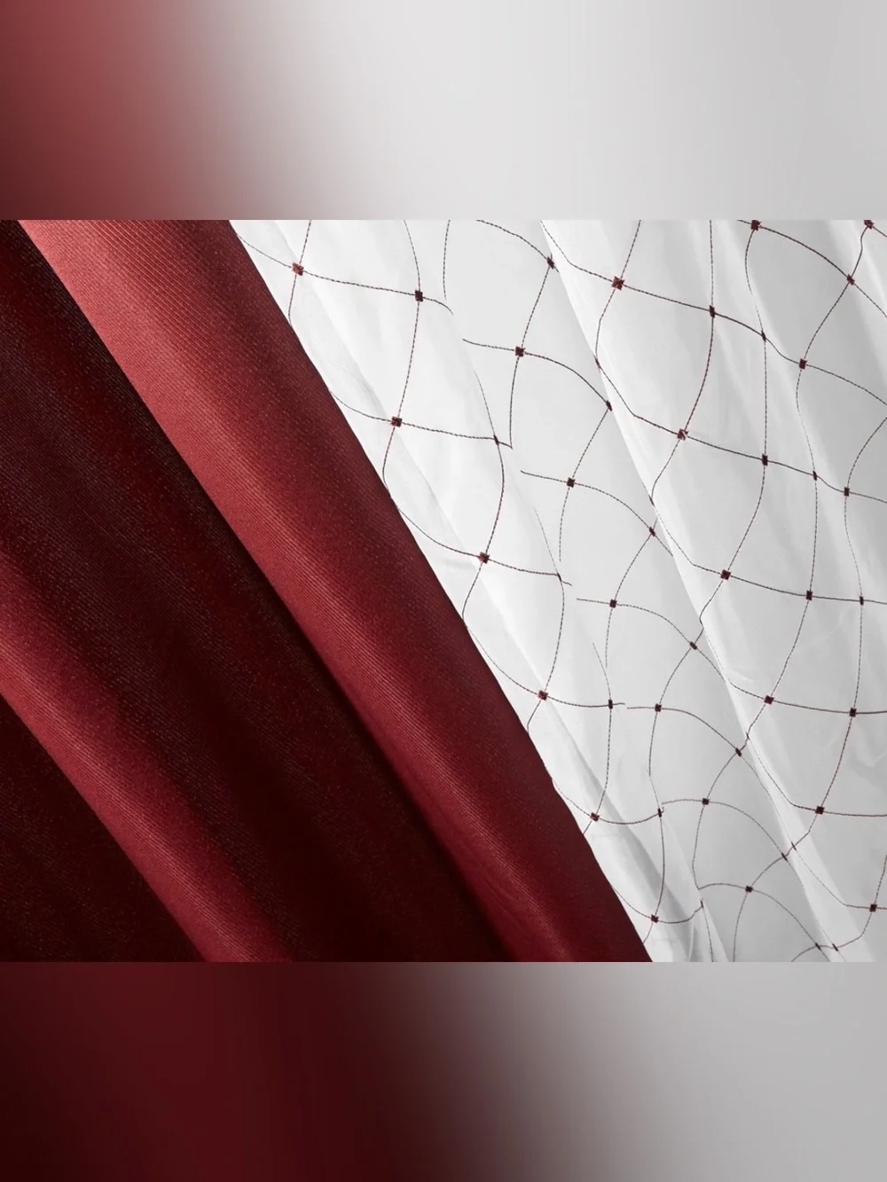 BH&G Maroon Embroidered Lattice Sheer & Twill Weave 4 Piece Curtain Set 84 inch!